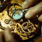 Mastering Time: Secrets to Success Revealed 5 -up shot capturing weathered hands manipulating an intricate brass pocket watch mechanism, gears and springs visible beneath a magnifying loupe
