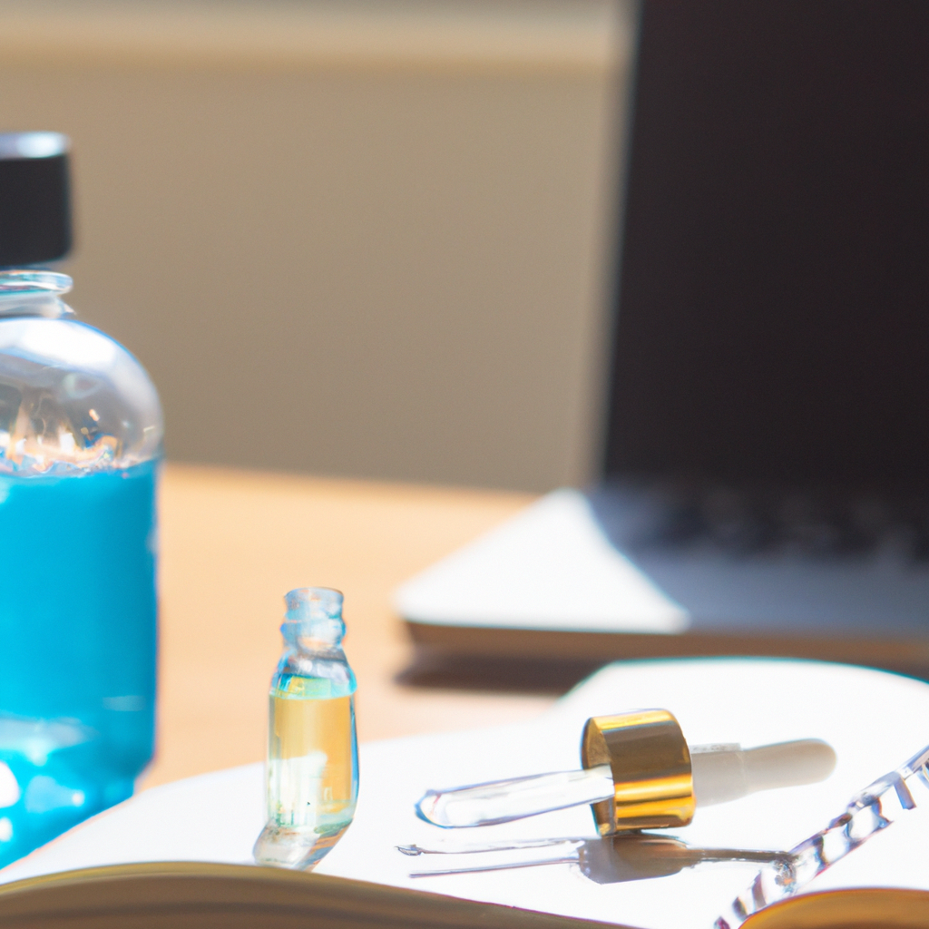 Study desk scene: a small amber glass dropper bottle of deep blue liquid beside open notebooks, highlighters, and a sleek laptop