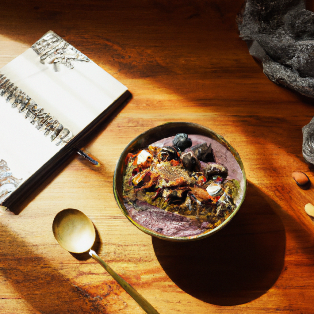 Nt smoothie bowl takes centre stage, filled with deep purple acai, topped with geometric patterns of golden walnuts, silvery chia seeds, and spiraling blueberries