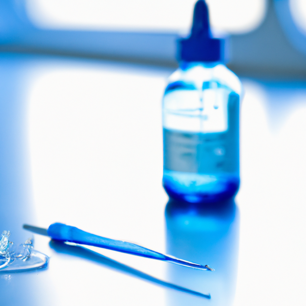 Le laboratory countertop features a clear glass dropper bottle filled with deep azure methylene blue solution, positioned next to a graduated measuring pipette