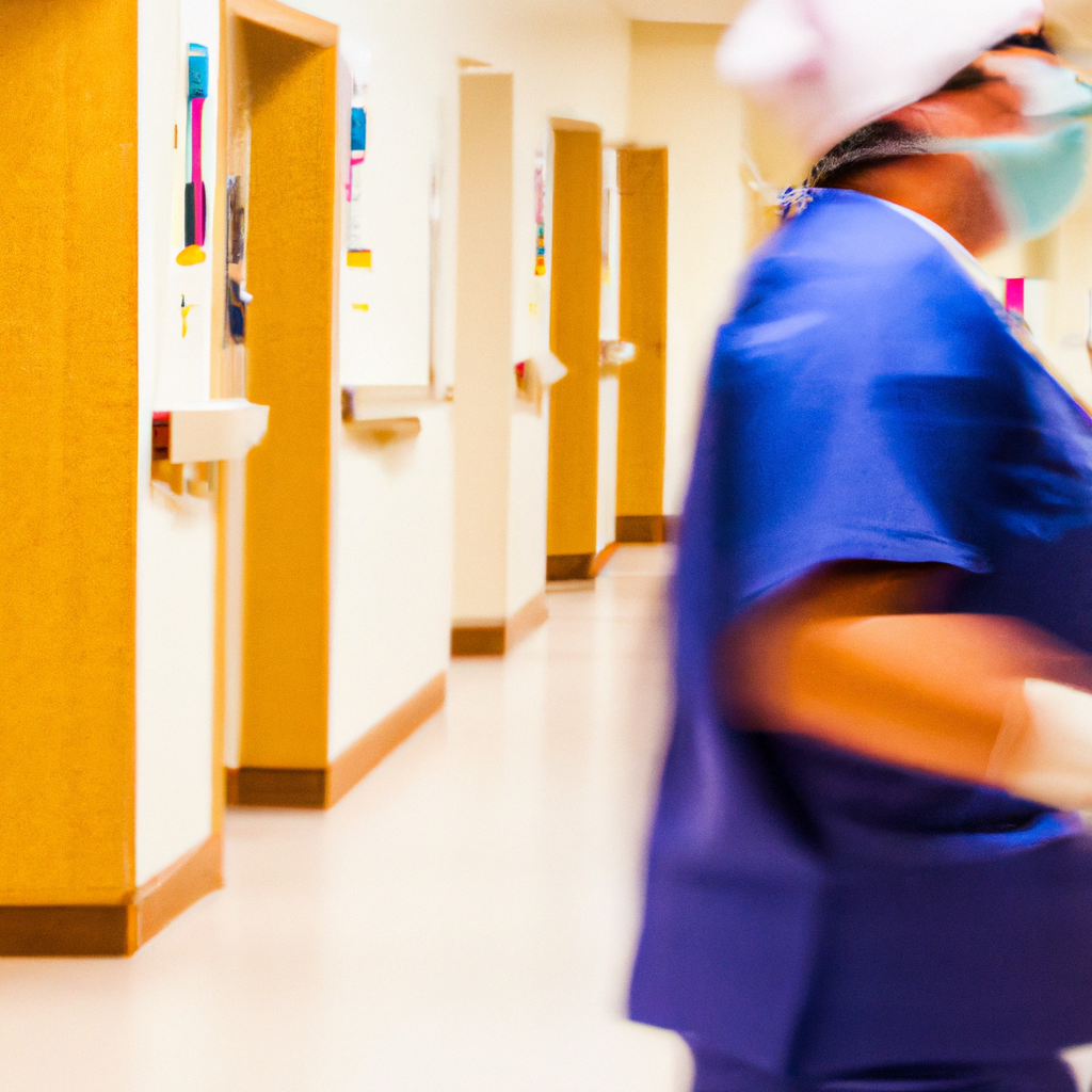 Ed middle‑aged nurse in slightly wrinkled blue scrubs stands in a crowded hospital corridor, lit by harsh fluorescent lights