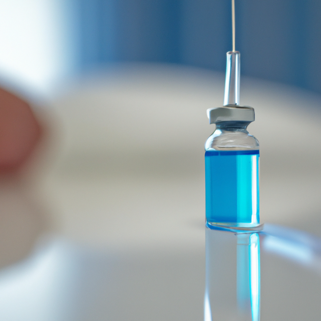 vial of vibrant blue liquid casts a cyan reflection on a stark white medical table