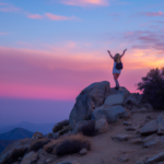 stands at dawn on a mountain peak, arms outstretched toward the golden horizon, her silhouette framed against cotton candy clouds and purple sky