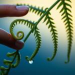 E hand gently cradles a single dewdrop on an unfurling fern frond at dawn, soft bokeh background revealing misty forest depths