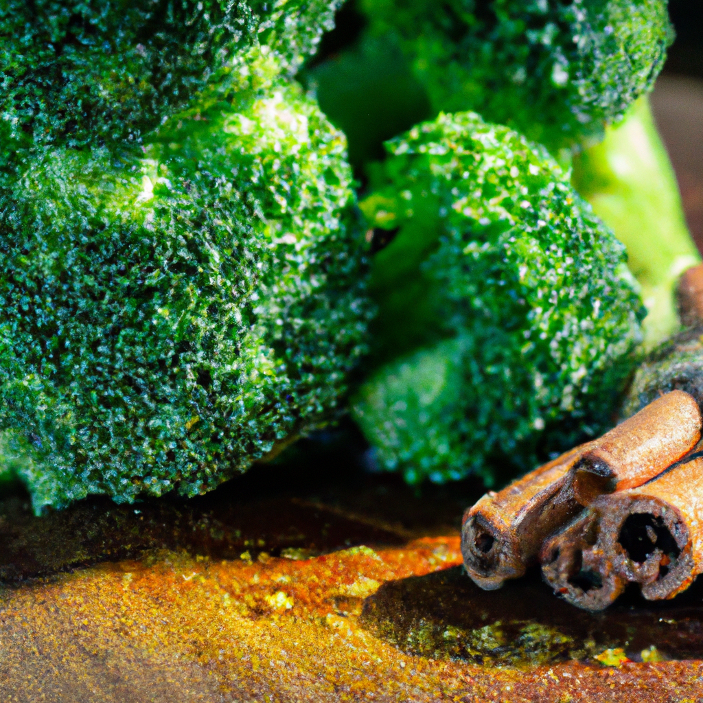 Nt arrangement of fresh broccoli florets cascades alongside curled cinnamon sticks on a weathered wooden cutting board