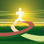 Ze a radiant, youthful figure jogging on a path shaped like an infinity symbol, surrounded by lush greenery and a rising sun at the horizon, symbolizing vitality and perpetual youth through exercise