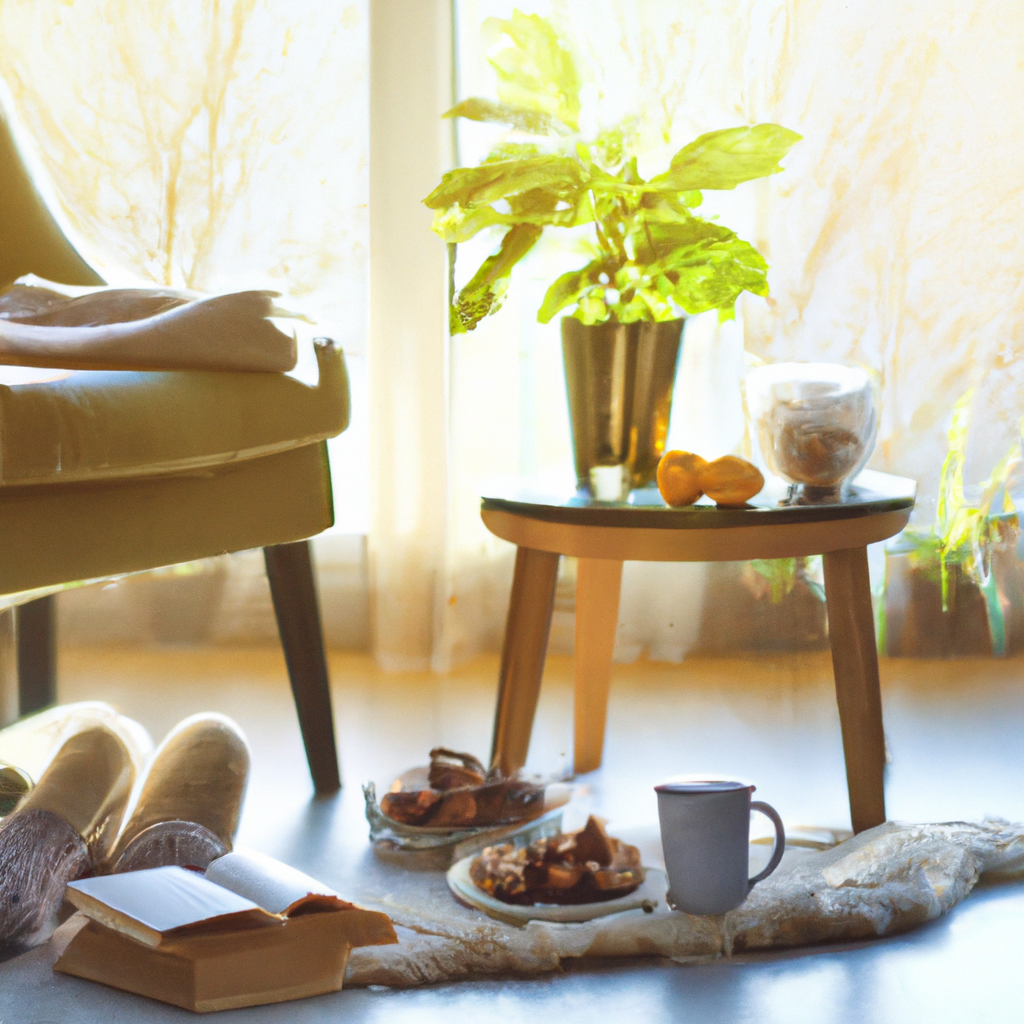 Sunlit living room on a crisp winter morning: a plush armchair draped with a chunky knit blanket, steaming herbal tea beside an open journal, a bowl of citrus and nuts, and a small stack of books